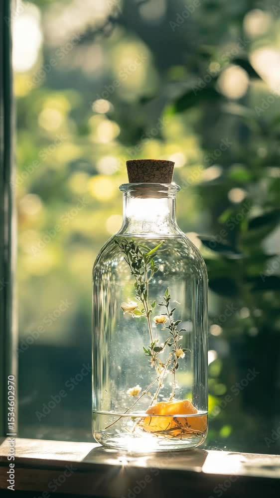 A glass bottle filled with water, lemon slices, and herbs sits on a wooden surface. Natural light filters through a window, creating a serene atmosphere.