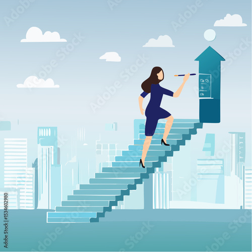 Create stair to success, growth or growing career path, planning for self improvement or leadership motivation, self made success concept, confidence businesswoman draw stair to climb up for succes