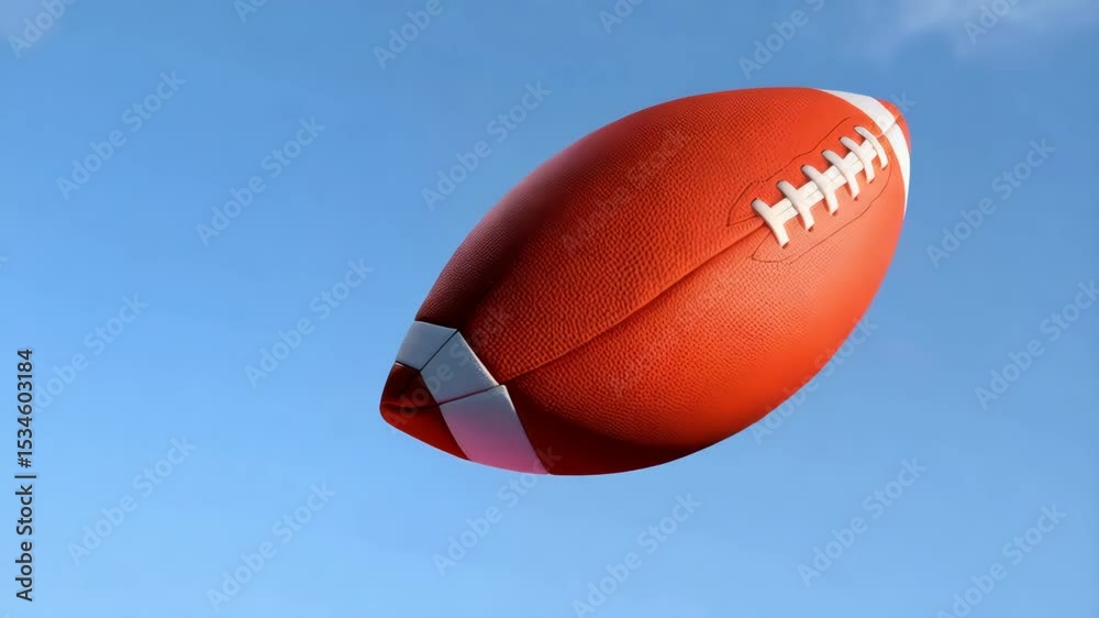 An orange American football with white laces flying against a clear blue sky, showcasing the texture and sport equipment in detail. An orange American football with white laces flying against a clear blue sky, showcasing the texture and sport equipment in detail.