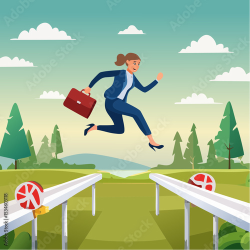 Overcome obstacle or challenge, success journey or aspirations, determination, progress or effort to overcome difficulty concept, confidence businesswoman entrepreneur jumping over series of hurdle