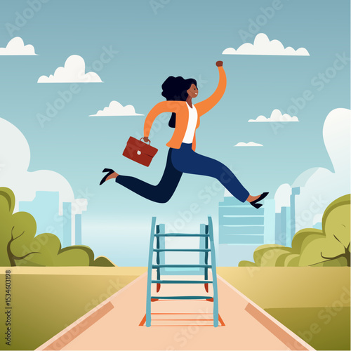 Overcome obstacle or challenge, success journey or aspirations, determination, progress or effort to overcome difficulty concept, confidence businesswoman entrepreneur jumping over series of hurdle