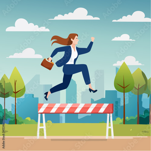 Overcome obstacle or challenge, success journey or aspirations, determination, progress or effort to overcome difficulty concept, confidence businesswoman entrepreneur jumping over series of hurdle