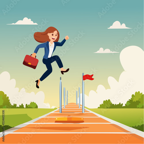 Overcome obstacle or challenge, success journey or aspirations, determination, progress or effort to overcome difficulty concept, confidence businesswoman entrepreneur jumping over series of hurdle