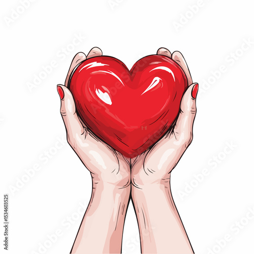 Romantic Valentine's Day Drawing of Hand Holding Red Heart - Professional Vector Illustration