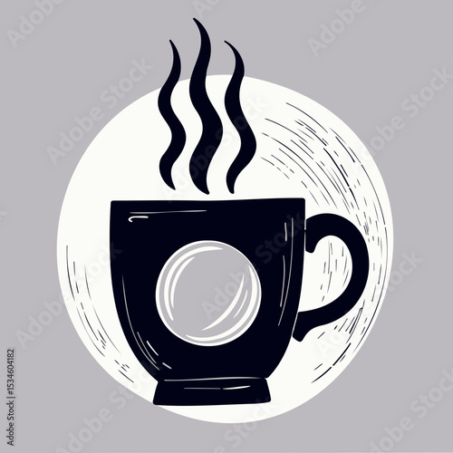 Black coffee cup with steam against gray background in modern style  