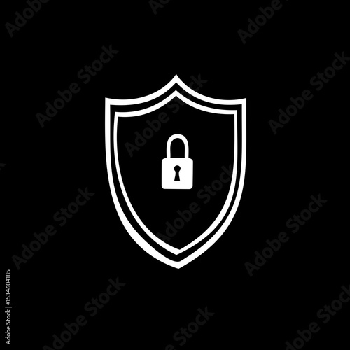 Security shield icon with padlock on black background  