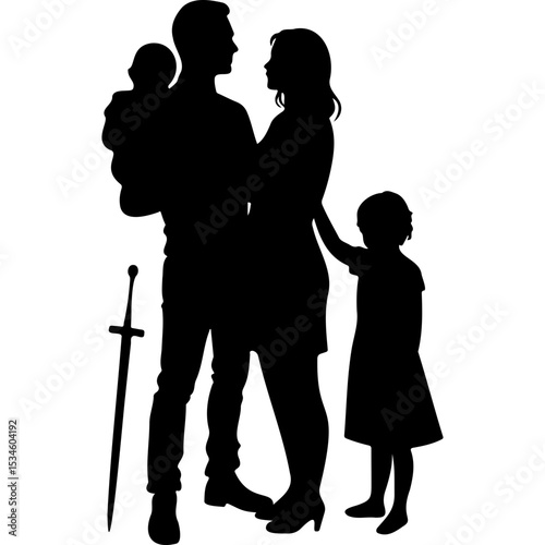 Family silhouette with parents and two children standing together  