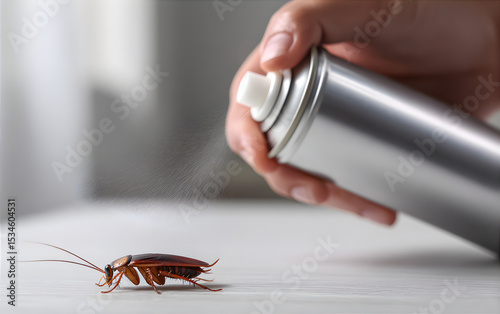 Female hand spraying insecticide on a cockroach on a white surface. Pest control and insect extermination concept.