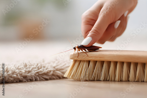 Woman s hand with pink manicure near a cockroach. Pest control concept and home invasion, insect problems.