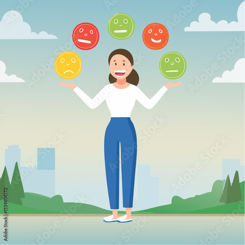 Emotional intelligence, control feeling or emotion, psychology to be success or balance of anxiety and happiness concept, cheerful woman balance on smiling face juggling expression emotional face