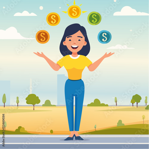 Emotional intelligence, control feeling or emotion, psychology to be success or balance of anxiety and happiness concept, cheerful woman balance on smiling face juggling expression emotional face