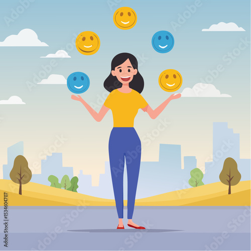 Emotional intelligence, control feeling or emotion, psychology to be success or balance of anxiety and happiness concept, cheerful woman balance on smiling face juggling expression emotional face