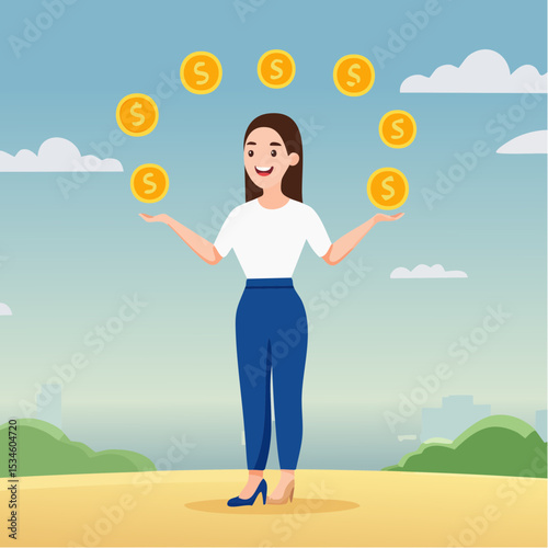 Emotional intelligence, control feeling or emotion, psychology to be success or balance of anxiety and happiness concept, cheerful woman balance on smiling face juggling expression emotional face