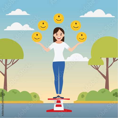 Emotional intelligence, control feeling or emotion, psychology to be success or balance of anxiety and happiness concept, cheerful woman balance on smiling face juggling expression emotional face