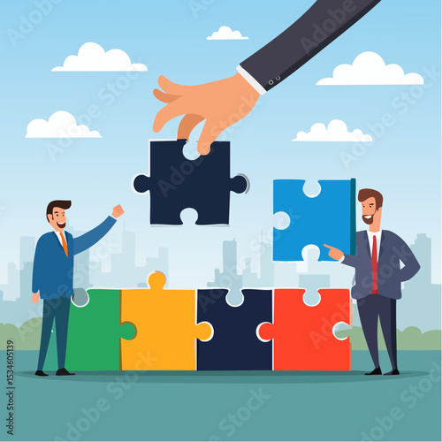 New joiner to fill in team and solve problem, teamwork to get solution, put right man in the right job to fit job description concept, businessman hand HR put new joiner to connect jigsaw puzzl