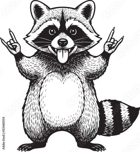 Raccoon Rocking Out with Horns Up and Tongue Out