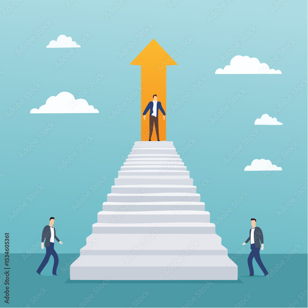 Step to success, improvement, challenge or career growth development, leadership progress, career path direction or stairway to win business concept, businessman walk up arrow stair for victor Step to success, improvement, challenge or career growth development, leadership progress, career path direction or stairway to win business concept, businessman walk up arrow stair for victor
