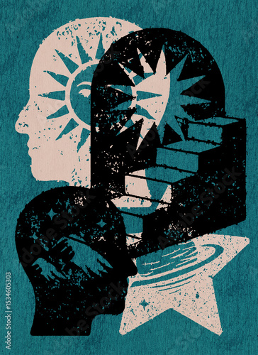 Surreal illustration of overlapping heads filled with stars, a sun, and a spiral staircase. Symbolic artwork on self-discovery and cosmic introspection, in black, beige, and teal.
