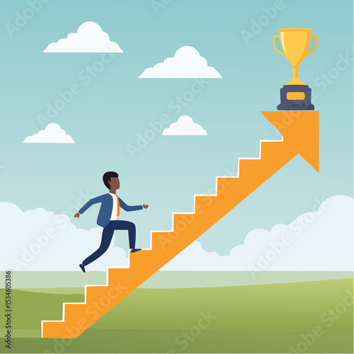 Step to success, improvement, challenge or career growth development, leadership progress, career path direction or stairway to win business concept, businessman walk up arrow stair for victor