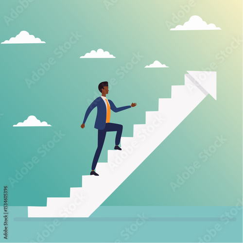 Step to success, improvement, challenge or career growth development, leadership progress, career path direction or stairway to win business concept, businessman walk up arrow stair for victor