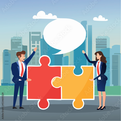 Communicate solution to solve problem, agreement, teamwork or cooperation, conversation message, meeting or discussion concept, business people communicate with connected jigsaw puzzle speech bubbl