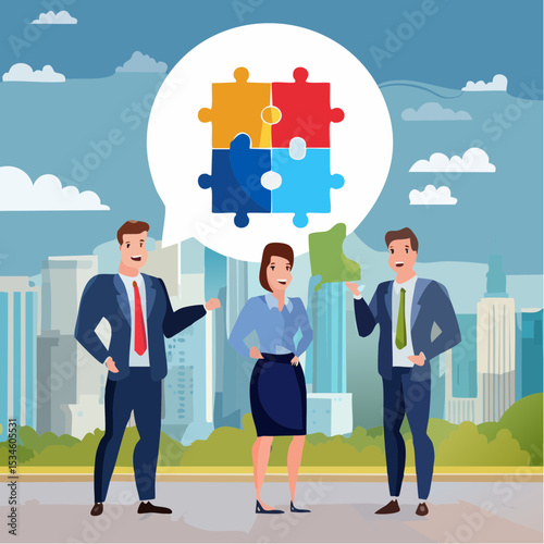 Communicate solution to solve problem, agreement, teamwork or cooperation, conversation message, meeting or discussion concept, business people communicate with connected jigsaw puzzle speech bubbl