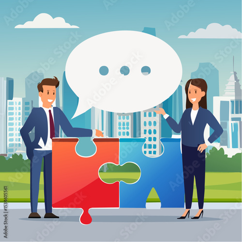 Communicate solution to solve problem, agreement, teamwork or cooperation, conversation message, meeting or discussion concept, business people communicate with connected jigsaw puzzle speech bubbl
