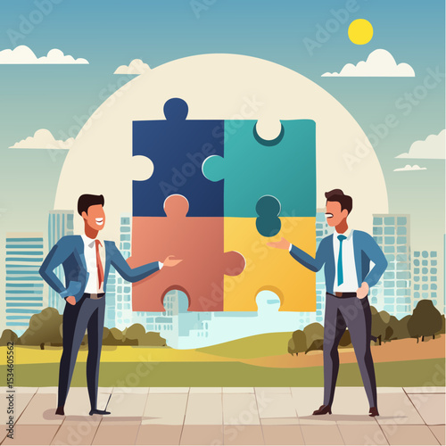Communicate solution to solve problem, agreement, teamwork or cooperation, conversation message, meeting or discussion concept, business people communicate with connected jigsaw puzzle speech bubbl