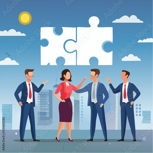 Communicate solution to solve problem, agreement, teamwork or cooperation, conversation message, meeting or discussion concept, business people communicate with connected jigsaw puzzle speech bubbl