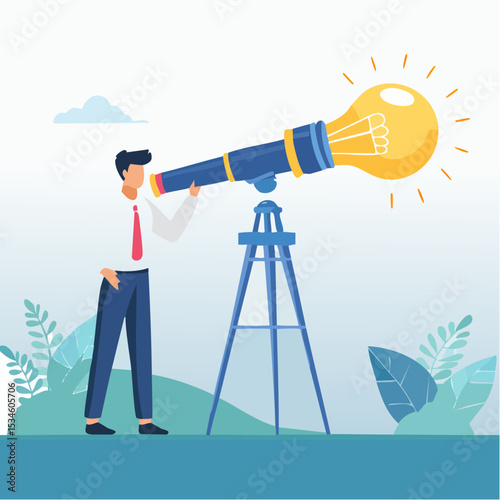 Product discovery, market trend research, testing and feedback, usability insights, prototype to launch product, demand evaluation concept, businessman discover light bulb idea through telescop