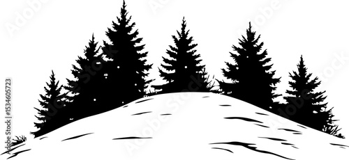 silhouette of pine trees on snowy hill