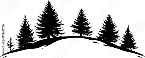 silhouette of pine trees on snowy hill