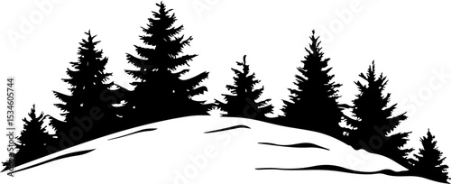silhouette of pine trees on snowy hill
