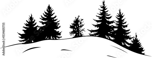 silhouette of pine trees on snowy hill