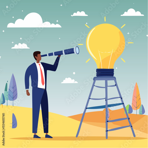 Product discovery, market trend research, testing and feedback, usability insights, prototype to launch product, demand evaluation concept, businessman discover light bulb idea through telescop