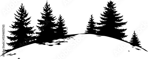 silhouette of pine trees on snowy hill
