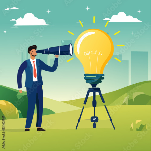 Product discovery, market trend research, testing and feedback, usability insights, prototype to launch product, demand evaluation concept, businessman discover light bulb idea through telescop