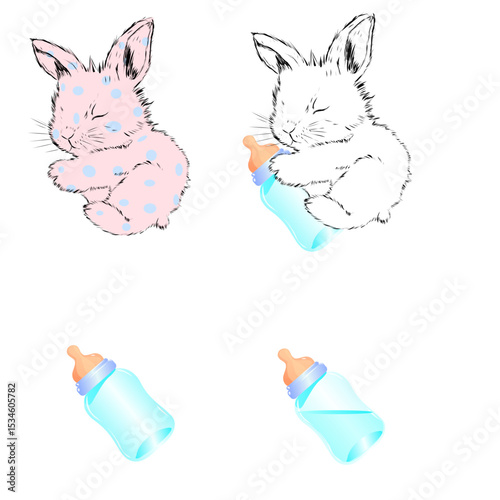 pink and white fluffy bunny fell asleep after eating hugging baby milk bottle