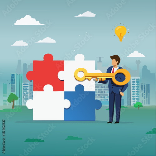 Turnkey solution complete ready to use product, open opportunity to solve customer problem, unlock potential to success, software or platform concept, businessman turn key into jigsaw puzzle keyhol
