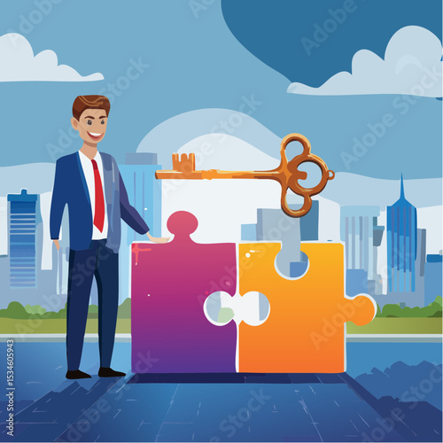 Turnkey solution complete ready to use product, open opportunity to solve customer problem, unlock potential to success, software or platform concept, businessman turn key into jigsaw puzzle keyhol