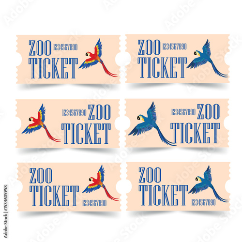 Vector ticket with blue and red Arara. Vector zoo ticket. Ticket with a bird for zoo 