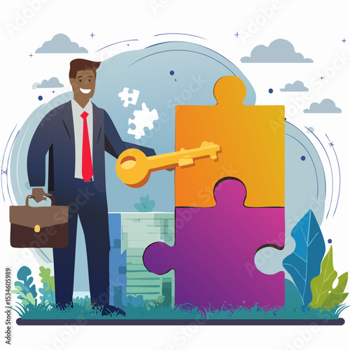 Turnkey solution complete ready to use product, open opportunity to solve customer problem, unlock potential to success, software or platform concept, businessman turn key into jigsaw puzzle keyhol