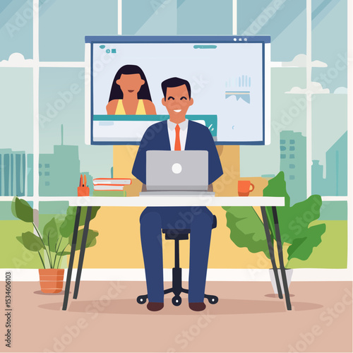 Online video interview, meeting discussion or teaching e-learning, job interview or employment, talk or chat with colleague, conference call, businessman talking on computer laptop online interview