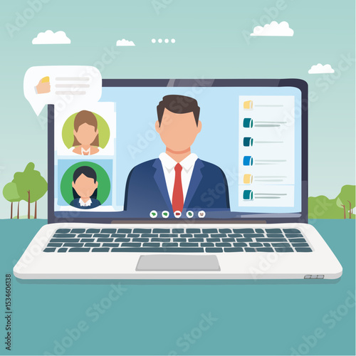 Online video interview, meeting discussion or teaching e-learning, job interview or employment, talk or chat with colleague, conference call, businessman talking on computer laptop online interview
