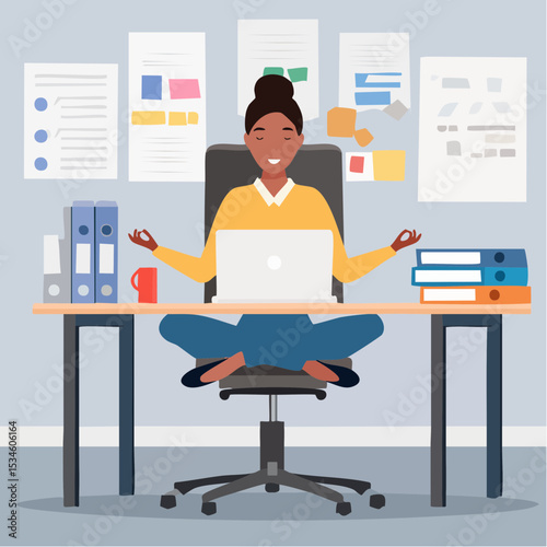 Employee wellbeing or wellness, comfortable to work, project management or relax workplace, balance or productivity concept, office woman mindfulness meditating on working desk levitate working stuf