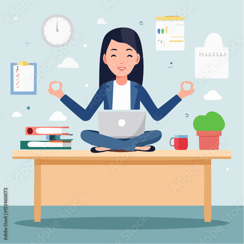 Employee wellbeing or wellness, comfortable to work, project management or relax workplace, balance or productivity concept, office woman mindfulness meditating on working desk levitate working stuf