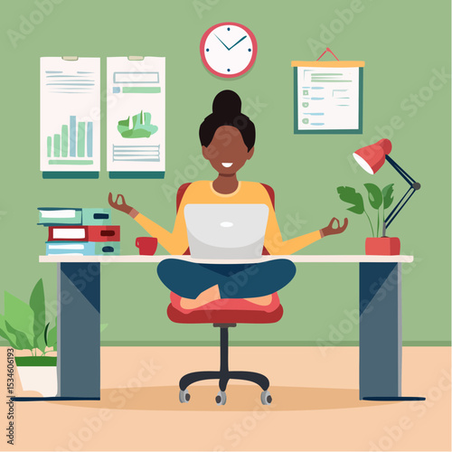 Employee wellbeing or wellness, comfortable to work, project management or relax workplace, balance or productivity concept, office woman mindfulness meditating on working desk levitate working stuf