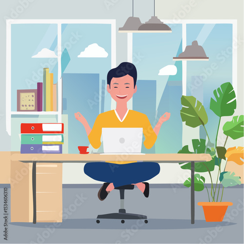 Employee wellbeing or wellness, comfortable to work, project management or relax workplace, balance or productivity concept, office woman mindfulness meditating on working desk levitate working stuf