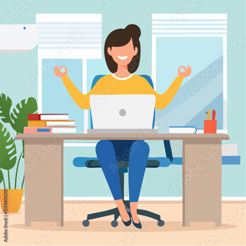 Employee wellbeing or wellness, comfortable to work, project management or relax workplace, balance or productivity concept, office woman mindfulness meditating on working desk levitate working stuf