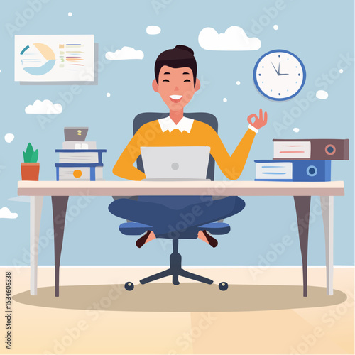 Employee wellbeing or wellness, comfortable to work, project management or relax workplace, balance or productivity concept, office woman mindfulness meditating on working desk levitate working stuf